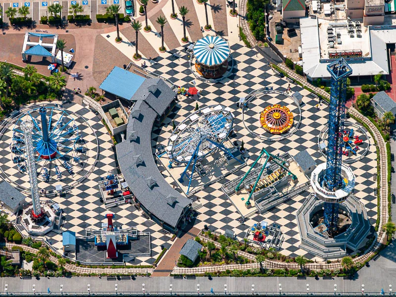 Vertical aerial photo of Kemah Boardwalk near Houston, Texas