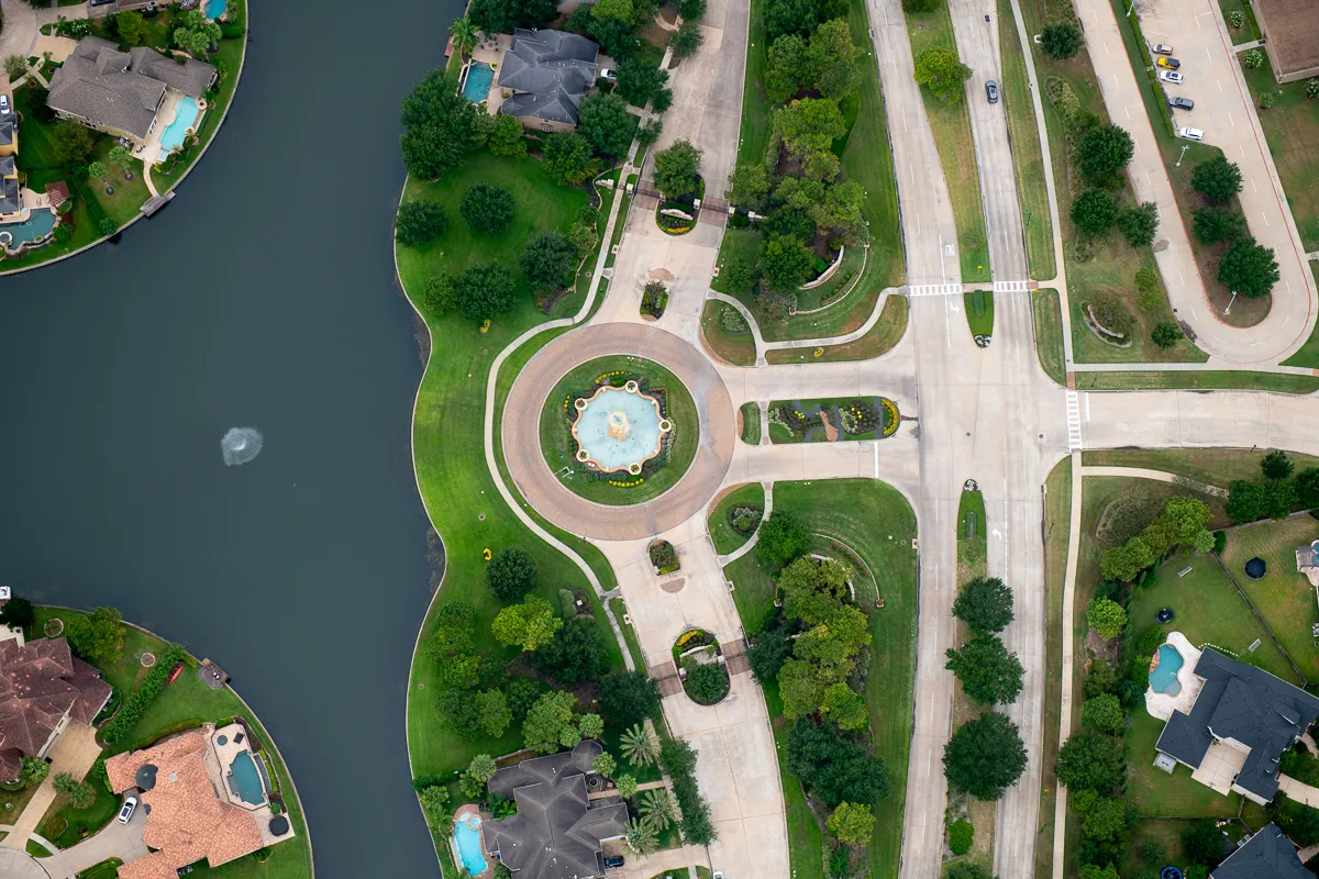 Vertical aerial photo of neighborhood in Houston Texas.