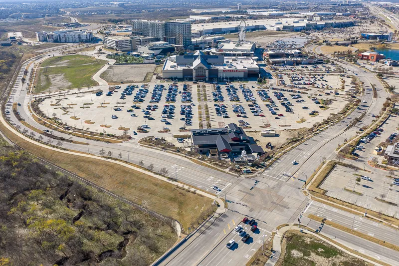 Drone aerial photo of a shopping center in Dallas Texas.
