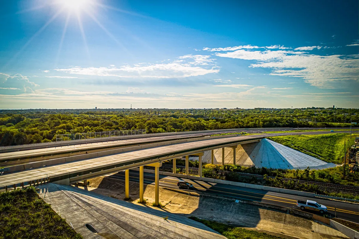 Road construction aerial photo of bridge near Houston, Texas
