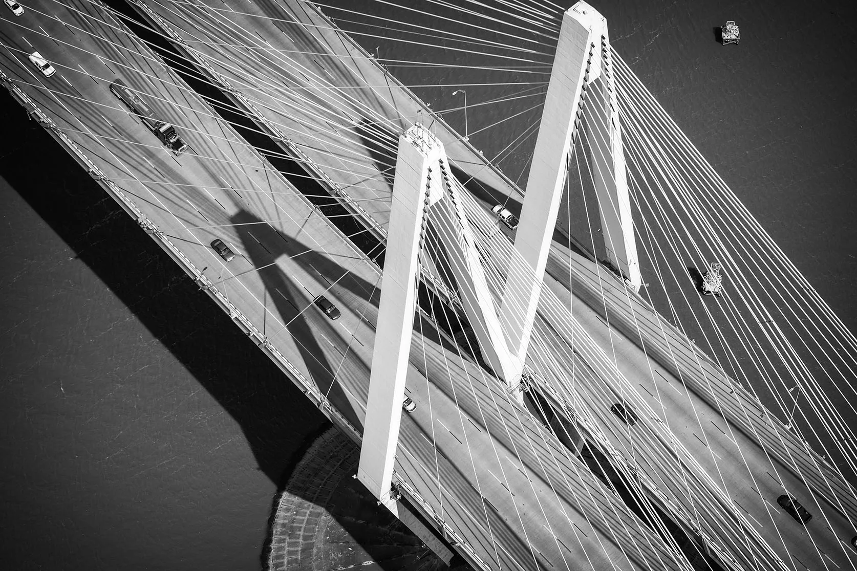 Black and white aerial photography of Houston, Texas bridge.